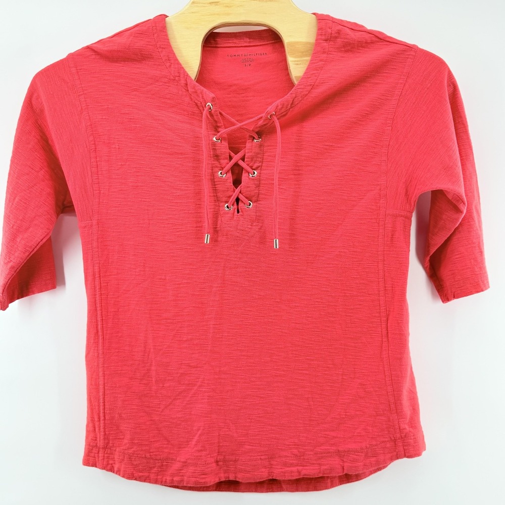 Tommy Hilfiger Shirt Womens Small Lace Up Front Cotton 3/4 Sleeve Casual Top‎